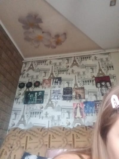 The image shows a room decorated with Paris-themed wallpaper and posters. There is a couch in the foreground with a patterned fabric. On the wall, there are several posters featuring musicians and album art, as well as three vinyl records displayed. The ceiling has a floral decal. The overall impression is of a personal living space with a strong aesthetic. There is no information that can determine the location in the city of Elizaveta, Moldova.