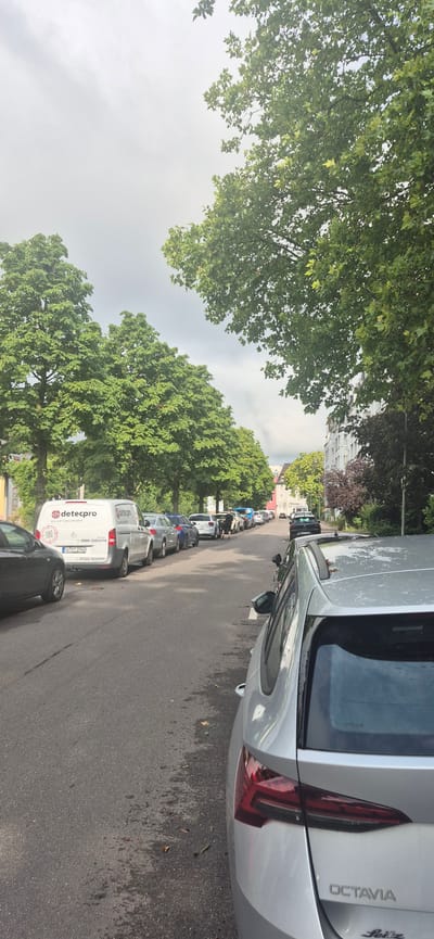 A street scene in Karlsruhe, Germany shows a row of parked cars on the right side of the road and a line of cars on the left. The street is paved, and there are trees lining the sidewalk on both sides. The sky is overcast. The foreground is dominated by the rear of a silver Skoda Octavia. Further down the street, a white van with "detecpro" branding is parked on the left. There are multiple other cars parked along the street, and a few pedestrians are visible further in the distance. The buildings on the right are apartment buildings.