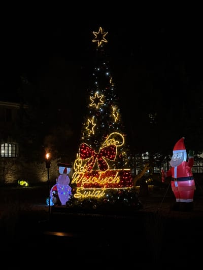 Christmas lights adorn an outdoor tree. A large Santa Claus inflatable floats above the tree, with a bow and “Merry Christmas” sign in lights hanging on the tree. Below, a snowman inflatable stands next to a street lamp. Christmas stars twinkle on the tree amidst the lights. A dark night sky is the background. A building with a lit window is visible in the lower portion of the image.