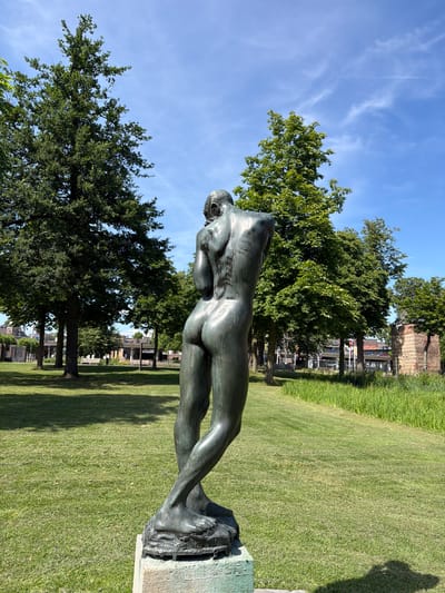 This photograph captures a bronze sculpture of a male nude from behind, positioned in a park setting in Helmond, Netherlands. The sculpture stands on a light-colored pedestal in the foreground, with its back to the viewer and its head turned to the left. The figure's arms are bent and clasped behind its back.
The park features a manicured lawn with a slight incline, bordered by a strip of taller, untrimmed grass in the middle ground. In the background, a line of mature trees with full green foliage dominates the scene, interspersed with some buildings and architectural elements. The sky above is a clear, bright blue with a few wispy white clouds. The sunlight casts a shadow of the sculpture onto the grass in the lower right portion of the image. The overall impression is of a sunny day in a public green space.