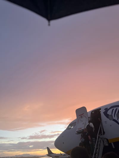 The image shows the forward section of an airplane, specifically a Ryanair aircraft, with an open door and stairs extended. Passengers are disembarking. The airplane is on the ground at Elche Airport, near Elx / Elche, Spain. The sky is filled with orange, pink, and purple colors, suggesting it is dawn or dusk. A partial dark shape is visible on the left side of the image.