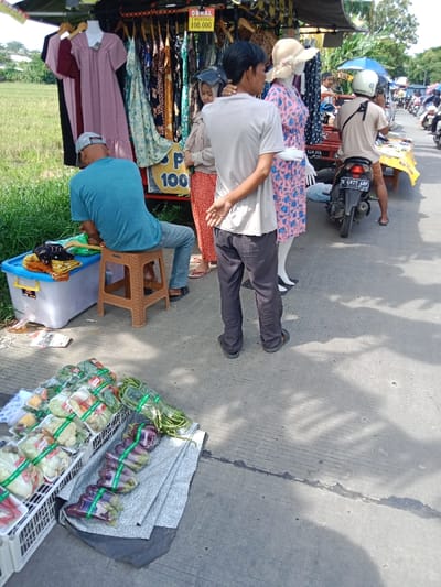The image shows a street scene in Kendal, Indonesia, located at the coordinates -6.934 latitude and 110.203 longitude. There are several people, including a man sitting on a stool, a man standing next to a woman, and a man on a motorcycle. There are also two mannequins wearing dresses, a small truck with a sign that reads "Obral Promo 100.000" and a motorcycle with a license plate that reads "G 5777 AB". There is a pile of vegetables on the ground in front of the truck, with one plastic box containing eggplant and the other containing leafy greens. The sidewalk is grey and there is grass on the side of the road. The overall scene suggests a busy, bustling street in Kendal, Indonesia, with many people going about their daily activities.