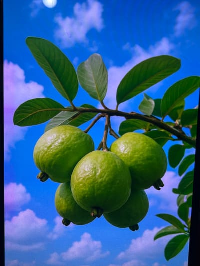 This media file features a close-up shot of a branch laden with green guavas against a vibrant blue sky with scattered white and pinkish clouds. The guavas are round and plump, with a textured skin. The leaves are a deep green and appear healthy. The branch is dark brown and extends from the top left to the bottom right of the frame. The lighting suggests it is daytime, with the sun illuminating the guavas and casting subtle highlights. The overall impression is one of abundance and natural beauty. There is no visible text in the image. Given the location context of Cadek, Indonesia, this scene likely depicts a guava tree in its natural tropical environment.
