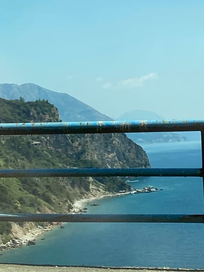 This image, taken in Seoce, Montenegro, presents a landscape scene viewed through a blue metal railing. The railing consists of vertical bars that partially obscure the view, creating a layered effect.
The primary subjects are the natural elements of the scene: a vast expanse of blue water, likely the Adriatic Sea, and a rugged, green-covered mountainous coastline. The water appears calm, reflecting the clear sky. Along the edge of the water, a rocky shoreline is visible, with small boats dotted across the surface. The mountains rise steeply from the water, their slopes covered in lush vegetation. The sky is a pale, clear blue, suggesting it is daytime with good weather, possibly late morning or early afternoon, given the bright light.
The composition is dominated by the blue of the sky and water, contrasted with the dark greens and browns of the mountains. The blue railing, with its weathered texture and some rust, adds a man-made element that frames the natural beauty. The perspective suggests the photo was taken from an elevated position, looking down towards the water and across the coastline.
There are no people or discernible activity in the image, beyond the passive presence of the boats. The overall mood is one of natural serenity and expansive views. The location cues are consistent with the mountainous coastal landscape of Montenegro. There is no visible text in the image.