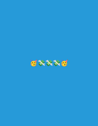 The image displays a bright blue background with a row of emojis centered horizontally near the bottom. From left to right, the emojis consist of a yellow smiley face wearing a party hat and blowing a kiss, followed by three flying money emojis, and ending with another yellow smiley face wearing a party hat and blowing a kiss. There are no discernible features related to the city of Sluck, Belarus in this image.