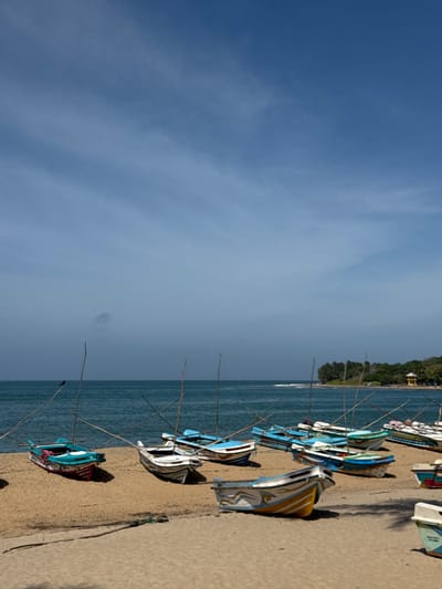 The image shows a beach scene at Arugam Bay, Sri Lanka. The foreground is dominated by a large expanse of blue sky with some wispy clouds. To the right, a sandy beach runs along the coast, with a line of colorful fishing boats pulled ashore. The boats are of various sizes and designs, with some featuring bright blue, yellow, and white paint. Thin wooden poles, likely part of the boats' rigging or fishing gear, extend upwards from many of them.
In the background, a lush green treeline separates the beach from a body of water, likely the ocean. A few buildings, possibly small structures or huts, are visible nestled within the trees. The sea is a deep blue, with a hint of white surf near the shore.
The lighting suggests it is daytime, with the sun casting shadows on the sand from the boats. The weather appears to be clear and sunny, with a gentle breeze implied by the way the clouds are dispersed and the slight ripple on the water. The overall mood is peaceful and serene, characteristic of a tropical beach destination. No visible text is present in the image. The scene depicts a typical day at this popular surfing and fishing location.