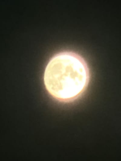 The image shows a full moon against a dark, out-of-focus sky. The moon is bright and appears to have some surface texture visible. There is a soft, glowing halo around the moon. The background is a dark, indistinct color, suggesting it is nighttime and possibly cloudy or hazy. There is no information in the image that indicates the location in the city of Kamianka-Buzka, Ukraine.