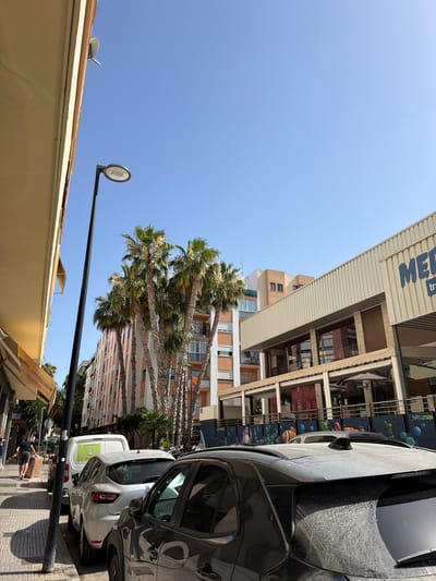 In the city of Ibiza, Spain, a street scene unfolds under a clear blue sky. On the left, the cream-colored facade of a building casts a shadow onto the patterned sidewalk. A black lamppost stands tall, illuminating the scene. Beyond the lamppost, a row of parked cars is visible, including a white van with a colorful sticker on its side and a silver Renault Clio. In the foreground, the rear of a dusty black SUV is prominently featured.

A man in a black t-shirt and shorts walks away from the camera, carrying a large brown box. He is on the sidewalk, alongside the parked cars. Further down the street, palm trees with lush green fronds sway gently, their trunks weathered and textured. Behind the palm trees, a multi-story apartment building with a cream and orange facade rises, its balconies adorned with various objects, including a small orange towel draped over one.

To the right, a building with a corrugated metal facade and large glass windows houses a business, identified by the blue lettering "MER" on its side. An awning extends over the sidewalk in front of this building, and outdoor seating with umbrellas is visible. A mural adorns the wall behind the awning, depicting colorful aquatic life such as fish and coral. The overall impression is a sunny day in a vibrant urban environment, characteristic of a coastal Spanish city.
