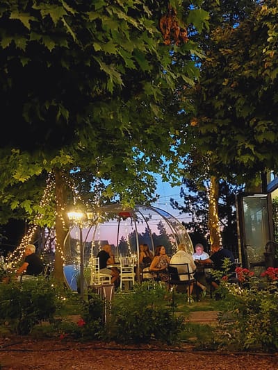 This image depicts an outdoor dining area at dusk, possibly at a restaurant in Grivitsa, Bulgaria. A large, transparent dome structure, illuminated by string lights, serves as a dining space for several patrons. Inside the dome, individuals are seated at tables, engaged in conversations and activities like using their phones. Outside the dome, more diners are visible at their tables, with some seated under the canopy of trees adorned with fairy lights. The foreground features lush green bushes and a hint of red flowers, suggesting a garden or landscaped area. The overall ambiance is serene and inviting, with the soft glow of lights and the twilight sky creating a picturesque setting.