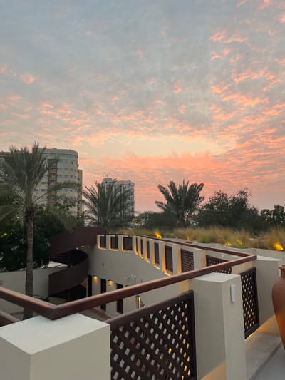 This image captures an urban landscape at sunset in Sharjah, United Arab Emirates. The upper two-thirds of the frame are dominated by a sky displaying altocumulus clouds, transitioning from light blue to vivid pink and orange hues, indicating either sunrise or sunset, with the warm colors suggesting sunset.
In the midground, a multi-level architectural structure features cream-colored exterior walls and dark brown wooden elements. A prominent dark brown spiral staircase descends towards the left, partially obscured by a tall palm tree. The structure's balustrades are composed of solid cream sections topped with dark brown railings and interspersed with rectangular wooden lattice panels. Warm-toned lights are integrated into the architecture, illuminating walkways and the lattice work. Above this structure, an elevated green space or rooftop garden with grasses and smaller plants is visible, also dotted with small yellow accent lights. On the far right, a large, traditional-style terracotta urn rests on a raised cream platform.
The background reveals several modern high-rise buildings, predominantly light-colored, with numerous windows. One building on the far left features a distinctive rounded corner. Numerous palm trees of varying heights, interspersed with other green foliage, are scattered throughout the background and midground, contrasting with the urban structures. No individuals are visible in the scene, and no actions or interactions are depicted. The scene is static. The architectural style, blending traditional elements like the lattice work with modern high-rises and abundant palm trees, is characteristic of urban developments in Sharjah, such as those found around the Heart of Sharjah or Al Majaz Waterfront areas.