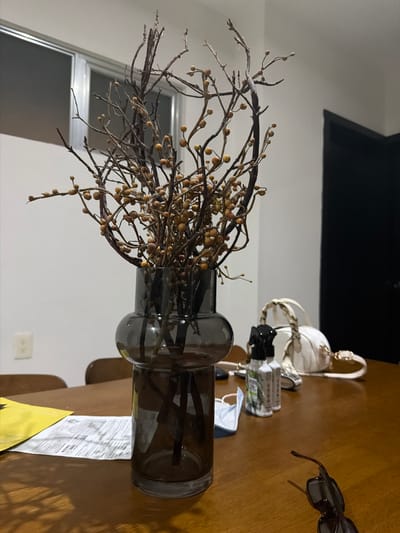 The image shows a still life on a wooden table. A grey, hourglass-shaped vase holds dried branches with small, round, yellowish berries. Behind the vase is a white handbag and a bottle of liquid with a pump dispenser. A blue surgical mask is also visible on the table. To the right of the vase are sunglasses. A piece of paper, mostly white with black text, lies partly underneath the vase and dangles off the table's edge. The background includes a black frame, likely a window or a picture frame, against a white wall. A window and electrical outlet are visible in the lower left corner. The setting is likely indoors, potentially in a home or office. There is no definitive evidence in the image to connect the scene specifically to Villahermosa, Mexico.