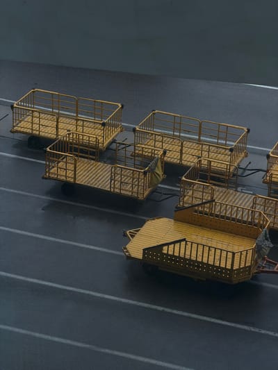 The image shows a high-angle, outdoor, daylight view of several yellow, caged trailers parked on a wet, asphalt surface with white lane markings. The trailers appear to be of the same type, with open tops and safety railings. One trailer in the foreground has a dark fabric draped over its side. The scene is devoid of any people. The environment suggests an industrial or transportation hub, possibly an airport or a logistics yard, given the presence of multiple trailers. The lighting is overcast, and the wet surface indicates recent rainfall. The overall mood is utilitarian and somewhat somber due to the weather and lack of activity. The specific location is identified as Guangyang District, China.