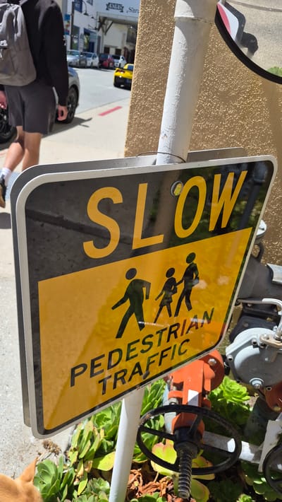 In Monterey, California, a yellow and black diamond-shaped sign reads "SLOW PEDESTRIAN TRAFFIC" and features silhouettes of pedestrians. The sign is mounted on a white pole near some succulent plants and industrial piping. In the background, a person with a backpack walks on a sidewalk, and a yellow sports car is visible on a street lined with buildings.