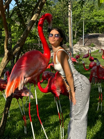 In a sunlit outdoor area, a young woman with dark hair pulled back and wearing sunglasses is leaning against a large, bright red flamingo statue. She is dressed in a white tank top and light gray, high-waisted jeans. Her left hand rests on her hip while her right hand is positioned near the flamingo's body. Several other red flamingo statues of varying sizes are scattered throughout the scene, some with their necks curved. The ground is covered in lush green grass, and trees with dense foliage are visible in the background, with hints of rocky terrain and a clear sky above. The setting appears to be a park or garden, possibly a tourist attraction, in the city of Thuận Nam, Vietnam, suggested by the presence of a power pole in the background and the style of the surrounding vegetation.