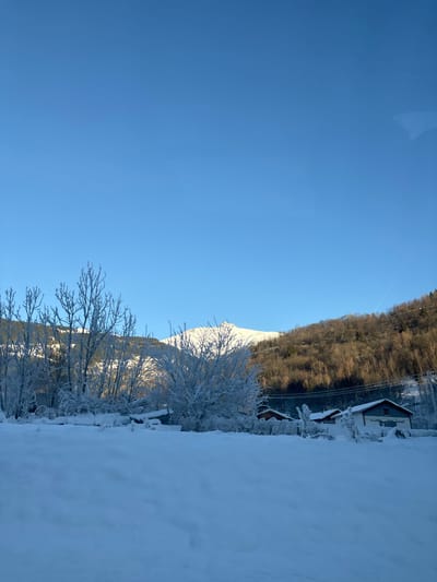 A vibrant winter landscape under a brilliant, clear blue sky is depicted in this image. A faint white contrail is visible high in the sky. In the foreground, a pristine expanse of deep, untouched snow covers the lower portion of the frame. To the right, several bare trees and bushes are heavily coated in sparkling white frost, catching the bright sunlight.
Beyond the frosted vegetation and snowy ground, a majestic, snow-covered mountain peak rises in the mid-ground. To its right, a dense forest, primarily composed of bare deciduous trees with some evergreens, covers a sloping hillside. Thin power lines traverse this forested slope. Further up the hillside, towards the upper right of the image, a house or chalet with a dark roof and light-colored walls is nestled among the trees.
The scene captures a serene, cold, and sunny winter day, likely morning or early afternoon, characterized by bright light and distinct shadows. No people or specific activities are visible, emphasizing the natural beauty of the mountainous region. The setting is consistent with a winter scene in Séez, France. There is no visible text.