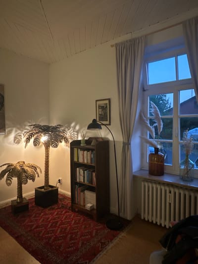 The image depicts an indoor scene, likely a living room, in Ammeldingen bei Neuerburg, Germany. The room is furnished with a dark wood bookshelf filled with books, two decorative palm tree lamps casting intricate shadows on the wall, and a red patterned rug covering the floor. A floor lamp with a black shade is positioned next to the bookshelf. A window with white mullions overlooks an outdoor scene of trees and a house, with the sky visible. On the windowsill, there are glass vases containing dried floral arrangements. A white radiator is visible beneath the window. The walls are a neutral color, and the ceiling is paneled with white wood. There are no people visible in the image.