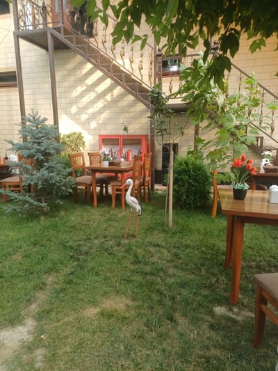 The image depicts an outdoor seating area with tables and chairs arranged on a grassy lawn, likely in a restaurant or cafe. A metal staircase with ornate railings ascends along a brick building in the background. Several wooden tables and chairs are visible, some set with tableware. A decorative stork figurine stands on the lawn. In the foreground, a wooden table with a pot of orange tulips is positioned. The scene is partially shaded by lush green foliage from trees overhead. The location is identified as Jumashuy, Uzbekistan.