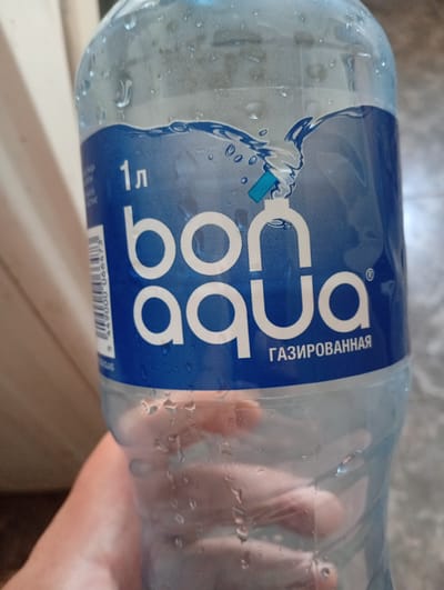 A person's hand is holding a clear plastic bottle of Bon Aqua carbonated water. The bottle has a blue label with white lettering and a logo depicting water droplets. The label also indicates "1л" (1 liter) and "ГАЗИРОВАННАЯ" (carbonated). The bottle is slightly fogged with condensation. The background is blurred and appears to be indoors or in a shaded outdoor area. The image does not contain any visual information that would indicate its location in Novopokrovka, Kyrgyzstan.