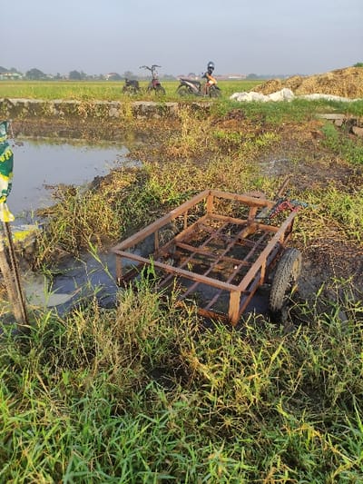 The image shows a metal cart partially submerged in muddy water. The cart is positioned in a grassy area adjacent to a small pond in Wonoayu, Indonesia (coordinates: -7.413, 112.651). There are two motorcycles parked on a dirt embankment in the background, and a person is visible sitting on one of the motorcycles, facing away from the camera. In the distance, behind the motorcycles, is a field of green vegetation. The area appears to be rural and undeveloped, with the presence of dirt roads and a pond indicating a lack of urbanization. The cart is made of metal with a rectangular frame and a mesh bottom. It appears to be empty and unused. The cart is partially obscured by tall grass and weeds. The muddy water suggests that the area may be prone to flooding. The cart is likely used for hauling goods or materials.