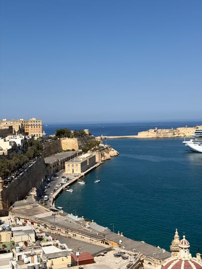 This is an elevated, vertical, wide-angle, eye-level, outdoor, daytime, full-color, high-resolution photograph of the Grand Harbour in Valletta, Malta. The sky is clear and bright blue, with no clouds. The deep blue water of the harbor fills the right half of the image, with small waves visible. In the distance, a large white cruise ship is sailing away from the viewer towards the right. Across the harbor, a long, fortified coastline with old stone buildings and ramparts is visible, also bathed in sunlight. In the foreground, the urban landscape of Valletta is depicted with its characteristic stone buildings, narrow streets, and red-tiled roofs. Numerous satellite dishes are visible on the rooftops. A variety of vehicles, including cars and a white van, are parked along a road that runs alongside a massive stone wall. A few small boats are moored in the water near the shore. The architecture suggests a historical European port city.