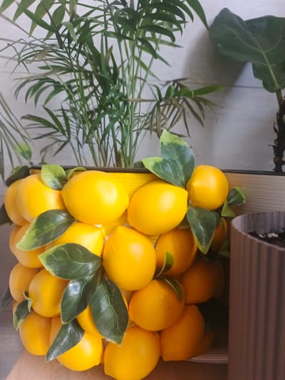 The image shows a close-up of a decorative planter shaped like a cluster of lemons, adorned with artificial green leaves. The lemons are bright yellow and arranged in multiple layers, creating a textured and visually appealing display. Behind the lemon planter, the feathery green fronds of a parlor palm plant are visible, along with a portion of a large-leafed plant, possibly a fiddle-leaf fig. The background features a light-colored, textured wall. To the right of the lemon planter, a brown ribbed pot containing dark soil and what appears to be a small plant or seeds is partially visible. The overall setting suggests an indoor environment, possibly a home or office, decorated with artificial and real plants. The lighting appears to be artificial, casting subtle shadows on the wall. No people or text are visible in the image.