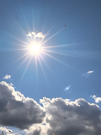 The image captures a vibrant sky with the sun shining brightly at its zenith. Its rays fan out across the clear blue expanse, illuminating a few scattered clouds. In the distance, a lone seagull soars gracefully, adding a sense of life to the airy scene. Closer to the foreground, a large, dark cloud formation dominates the lower half of the frame, its edges softened by the sunlight. Numerous smaller birds are visible amidst this cloudscape, suggesting a gathering or migration. The presence of these birds, combined with the dramatic cloud formations and the bright sun, evokes a feeling of a dynamic and lively outdoor environment. The location is indicated as Ivanovo, Russia. The time of day is clearly daytime, as suggested by the strong sunlight. The weather appears to be fair, with a mix of sun and clouds. No text is visible in the image.