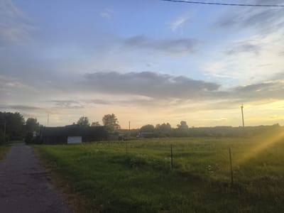 A low-angle, medium shot captures a rural scene in Kruglitski Sel'ski Sovet, Belarus, at dusk. The sky is a gradient of blue and yellow, with scattered clouds, and a power line runs horizontally across the top. A gravel road, leading from the lower left corner, cuts diagonally across the frame and disappears behind a dark, wooden structure on the left. This building, with a white-covered opening, appears to be an old barn or shed.

The foreground is dominated by a lush, green field, dotted with small white flowers and punctuated by two thin, dark fence posts. In the mid-ground, beyond the field, a dense line of trees forms a natural boundary, with several small buildings and structures visible within the treeline. To the right, a tall, dark utility pole stands in the field, with sunlight flaring from the right side of the image, creating a bright, luminous effect. The overall atmosphere is peaceful and serene, indicative of a quiet evening in the Belarusian countryside.