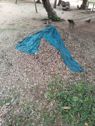 A blue tarp is draped over a pile of gravel. The pile of gravel is located outdoors, with trees and dirt ground surrounding it. In the background, a wooden bench is visible, along with more trees and some fallen logs. The scene suggests an outdoor construction or storage area in Doka-Tofa, Nigeria.
