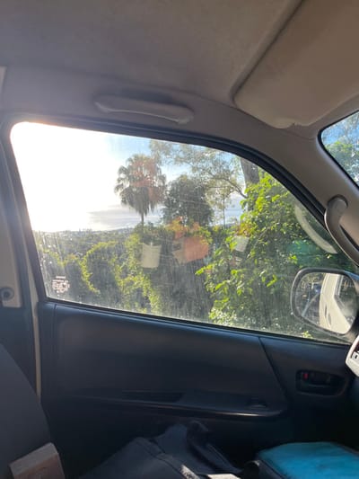 The image depicts a view from the interior of a vehicle, looking out through the front passenger window. The perspective is from an elevated position, overlooking an urban area identified as Wollongong City Council, Australia.
**Vehicle Interior (Foreground):**
The top section reveals a beige vehicle headliner with a grey grab handle. The lower section shows a dark grey plastic interior door panel, featuring a door handle, a lock mechanism (red indicator visible), and power window controls. The bottom left corner shows part of a dark fabric seat with a brown rectangular object resting on it. A dark bag and a blue-colored object (possibly a cooler or cushion) are visible on the seat towards the bottom right. The side-view mirror on the right reflects a portion of a white vehicle and ambient light. The window glass exhibits streaks, smudges, and significant glare from the sun on the left side.
**Exterior Scene (Midground and Background):**
Beyond the window, a sunny daytime scene unfolds. The sky is bright and appears mostly clear, with a strong sun glare originating from the upper left. A dense hillside of lush green vegetation, consisting of various trees and shrubs, dominates the midground. A prominent palm tree with a shaggy trunk and full fronds is visible slightly left of center. Amongst the foliage on the hillside, two distinct objects are present: a white, cylindrical container (possibly a planter or bucket) and, to its right, an orange/terracotta-colored object (likely another planter). In the distant background, a sprawling urban landscape or city skyline is visible beneath the horizon, consistent with a view over Wollongong.
**People, Subjects, Actions:**
No individuals are visible within the frame. The scene is static, depicting a landscape viewed from a parked or temporarily stopped vehicle. No specific actions or interactions are discernible.