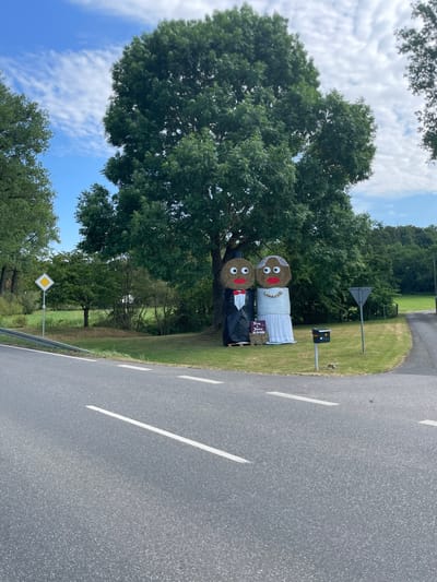 The image depicts an outdoor scene in Riebelsdorf, Germany, on a sunny day with scattered clouds. In the foreground, a paved road with white lane markings curves to the right. To the left of the road, a yellow diamond-shaped yield sign on a metal pole is visible.
Further into the scene, on a grassy area under a large, leafy tree, are two straw figures. The figure on the left, dressed as a groom, wears a black suit, a white shirt, and a red bow tie. It has large, round, googly eyes and red lips. A small sign at its base reads "Mara + Kevin 28.08.2009". The figure on the right, dressed as a bride, wears a white dress and a pearl necklace. It also has large, round, googly eyes and red lips. A black mailbox with a red flap is positioned between the figures and the road.
In the background, dense green trees and foliage form a natural backdrop. The overall impression is a festive roadside decoration, likely celebrating a wedding anniversary.