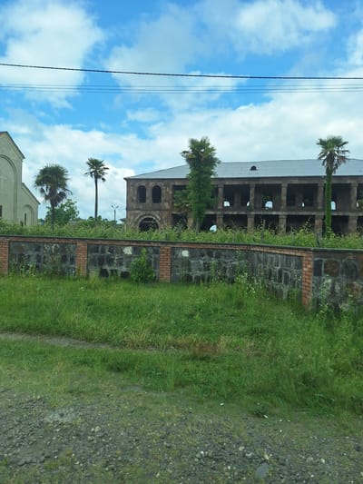 This is a full shot, eye-level, outdoor, medium-angle photograph of an abandoned building with a stone and brick wall in front of it, located in the village of Nigvziianis Temi, Georgia. The sky above is blue with scattered white clouds. A single black power line runs horizontally across the upper portion of the image. In the foreground, a patch of gravelly ground is visible. Behind the gravel is a long, low wall constructed of dark, rough-hewn stones interspersed with red bricks. Tall green grass grows in front of and behind the wall. Behind the wall, a large, two-story building with a corrugated metal roof stands empty. The building has numerous arched openings on both levels, suggesting it was once a grand structure. Several palm trees are scattered throughout the scene, some growing in front of the building and others behind the wall. To the left of the frame, a portion of a lighter-colored building with arched windows and a cross symbol is visible, potentially a church. The overall impression is one of abandonment and decay.