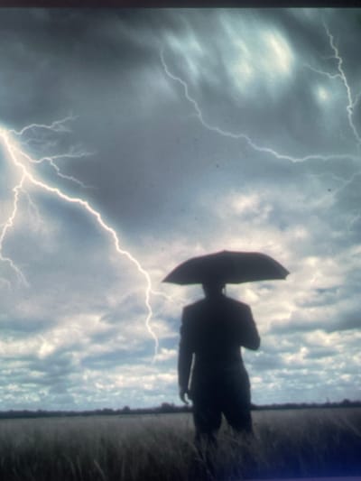 The image portrays a lone human figure, silhouetted against a dramatic stormy sky, standing in an open field in Zelenyi Hai, Ukraine. The individual, dressed in what appears to be a suit, holds an open umbrella directly above their head. The sky is characterized by dark, turbulent clouds, illuminated by multiple bright white lightning strikes. A prominent lightning bolt originates from the upper left and diagonally crosses the sky. The lower portion of the image shows a field of tall, dry vegetation, likely agricultural, extending towards a distant, blurred tree line on the horizon. The overall lighting suggests an intensely overcast or twilight condition, emphasizing the stark silhouette of the person and umbrella against the electrically charged atmosphere.