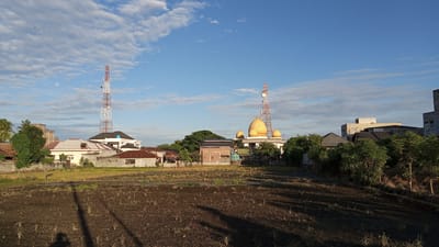 The image depicts an outdoor scene in Bireuen, Indonesia, featuring a mosque with golden domes and two tall, red and white telecommunication towers. The foreground consists of a dry, cultivated field, possibly a rice paddy, with the shadows of trees and potentially a person visible. In the midground, several buildings are present, including houses with tiled roofs and a brick structure. Lush green trees are scattered throughout the scene, and the sky is blue with scattered white clouds. The overall impression is of a partly developed urban or semi-urban area under a clear sky.