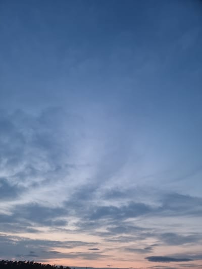 A low-angle, vertical shot captures the sky over Pohránov, Czechia, at twilight. The vast expanse of the sky transitions from a deep, clear blue at the top to a softer, muted blue near the horizon. Wispy, scattered clouds drift across the middle section of the frame, their grey and white hues subtly contrasting with the sky. Closer to the bottom, a band of clouds is tinged with soft shades of peach and pink, indicating the setting sun. Silhouetted against the lower horizon is a dark, undulating line of trees, their jagged tops suggesting a dense forest or treeline. No people or specific landmarks are visible.