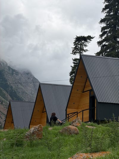 In the foothills of Kyrgyzstan, an overcast sky looms over a cluster of modern A-frame cabins. The cabins, with their dark corrugated metal roofs and light wooden walls, are nestled into a grassy slope dotted with large, lichen-covered boulders. In the foreground, lush green grass and wildflowers create a natural carpet. A person with dark, curly hair, wearing a dark shirt, is seated on the grass near the entrance of one of the cabins, looking towards the mountains. The mountains themselves, shrouded in mist and fog, rise dramatically in the background, adding a sense of wildness and isolation to the scene. Tall pine trees, their dark green needles contrasting with the muted sky, stand sentinel behind the cabins. The overall impression is one of serene, rustic retreat, perhaps a glamping site or a mountain lodge.
