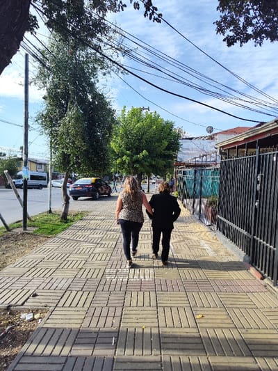 Two women walk hand-in-hand down a brick-paved sidewalk. The woman on the left wears a leopard-print top and black leggings, while the woman on the right is in a black suit. The sidewalk is bordered by grass, trees, and parked cars on one side, and a metal fence and buildings on the other. Overhead, a network of power lines stretches across a partly cloudy sky.