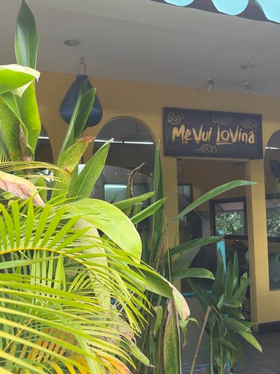 An exterior shot shows a yellow building with a light blue awning. A dark sign with gold lettering reads "Me Vui LoVina". Lush green plants with large leaves and palm fronds are in the foreground. A dark, pear-shaped object hangs from the ceiling in the background. The scene appears to be a restaurant or shop entrance.