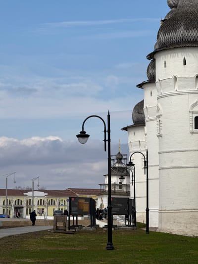 The image depicts a street in Ново-Никольское, Russia. A white brick building with a detailed roof is visible on the upper left. A row of black streetlights runs along the sidewalk. Informational displays stand near the streetlights. People walk along the sidewalk. A yellow building with dark accents is on the opposite side of the street. Patches of green grass border the sidewalk and street. The sky is blue with scattered clouds.