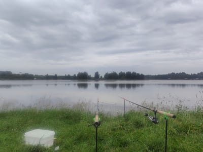 Two fishing rods are set up in a grassy area next to a calm body of water. The sky is overcast and the water reflects the cloudy sky. A white bucket is placed in the grass to the left of the fishing rods. The background shows a treeline with some scattered buildings. The scene is indicative of a fishing spot near Усяжскі сельскі Савет, Belarus.