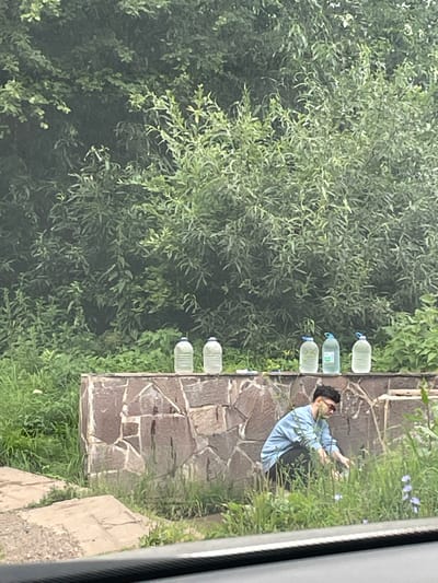 A young man wearing sunglasses and a light blue collared shirt over dark pants is crouching in tall green grass next to a stone wall. He is reaching into the grass with his right hand. Behind him, on top of the stone wall, are six large plastic bottles filled with clear liquid. The background is dominated by dense green foliage. The scene is situated outdoors, with a paved path visible in the lower left corner. The location is identified as Gavrilovka, Russia.