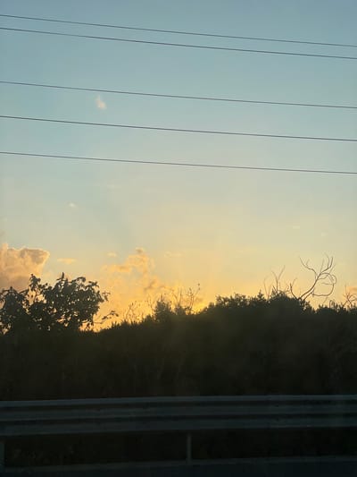 The image shows a landscape at dusk in Hod HaSharon, Israel. In the left third of the frame, several parallel power lines stretch vertically against a light blue and yellow sky. The right two-thirds of the frame feature a dark silhouette of trees and bushes. A roadside barrier is present on the right side of the image. There are clouds in the sky tinged with yellow.