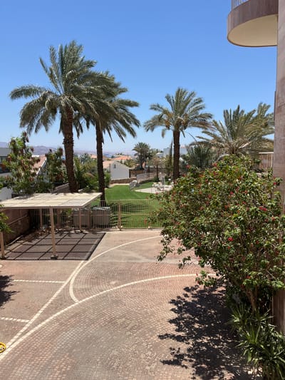 The image depicts a sunny outdoor scene, likely in Eilat, Israel, given the presence of palm trees and the clear blue sky. In the foreground, a paved area with a reddish-brown brick pattern forms a walkway or driveway, with white lines marking a curved path. To the left, a shaded carport with a slatted roof is visible, supported by light-colored poles. Beyond the carport, a fence separates it from a neatly manicured green lawn.
Further back, several tall palm trees with lush green fronds dominate the landscape. In the mid-ground, a cluster of white buildings with red-tiled roofs suggests residential or resort architecture. The background reveals a distant view of hills or mountains under a bright blue sky. A flowering shrub with small red blossoms is prominent in the right foreground, casting a dappled shadow on the paved area. The overall impression is one of a well-maintained, warm-weather location. There are no people visible in the image.
