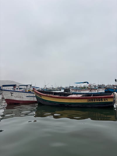 The image shows a row of fishing boats docked in Ancón, Peru, likely in the harbor area. The sky is overcast, suggesting a cloudy day. The boats are colorful and appear to be traditional wooden fishing vessels. Some have identification numbers painted on their sides, such as "CO52396 BM". The water is relatively calm, and the reflections of the boats are visible on the surface. Other boats are further away on the dock.