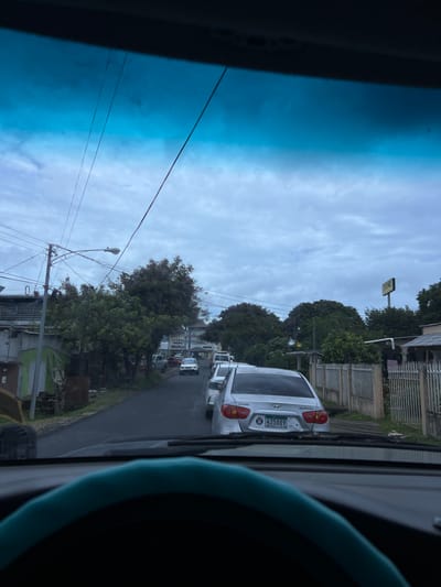 The scene, viewed from within a vehicle, depicts a street in Nuevo Santiago, Panama, under an overcast sky. The upper rim of a teal-covered steering wheel is visible in the lower foreground. A paved road, extending uphill, is occupied by a line of stationary vehicles. Immediately ahead is a silver Hyundai Elantra sedan, displaying Panamanian license plate 425889. The vehicle exhibits minor impact damage to its right rear bumper. A white sedan is partially visible directly behind the Elantra. The left side of the road features a utility pole supporting a street lamp and multiple overhead power lines, dense green trees, and a structure with a corrugated metal roof. The right side of the road is bordered by a light-colored metal fence, behind which are trees and residential structures. A yellow commercial sign bearing the partial text "COCHOS" is discernible on the right side in the mid-ground. No individuals are present.