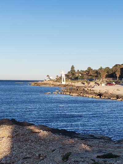 The image captures a serene coastal scene in Rotes, Spain, under a clear, bright blue sky. The deep blue sea, with gentle ripples visible on its surface, dominates the left and central parts of the frame. A rugged, dark rocky shoreline extends from the mid-ground, curving towards the right side of the image and into the distance.
On the prominent rocky outcrop, a distinctive white, A-frame or triangular structure, likely a diving platform or lifeguard tower, stands out against the green foliage behind it. Beyond the immediate shore, the land rises slightly, densely covered with various trees, including numerous palm trees, and some coniferous trees. Several light-colored buildings are nestled among the greenery.
Further to the right, a paved area or road runs parallel to the coast, where at least two cars, one red and one light-colored, are parked. A small group of indistinct figures, appearing to be 3-4 people, can be observed near the paved area.
The immediate foreground is characterized by rough, light-colored rocky terrain, partially bathed in sunlight and shadow. The lighting suggests either early morning or late afternoon, with clear, direct sunlight illuminating parts of the scene and casting soft shadows. The weather appears calm and sunny, indicating an inviting day for coastal activities. No visible text is present in the image.