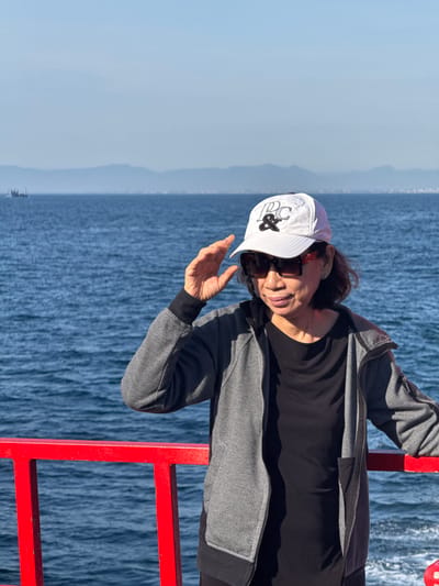 A woman wearing a white baseball cap and sunglasses stands on a red railing overlooking a body of blue water. She is wearing a grey zip-up hoodie over a black shirt. The background shows a hazy horizon with mountains and a small boat. The scene appears to be outdoors with a clear sky. The location is not identifiable as An Hải, Vietnam based on the provided image.