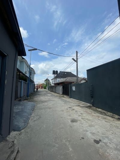The image depicts a narrow concrete street or alleyway in Port Harcourt, Nigeria, captured during the daytime under a bright blue sky dotted with scattered white clouds. The perspective looks along the length of the street, with buildings flanking both sides.
In the immediate foreground and running down the right side of the street is a tall building with a dark grey, possibly black, facade. A small, white rectangular sign with unreadable text is affixed to its wall. Opposite, on the left side, another dark-colored building is partially visible, with its roofline at the bottom of the frame.
Overhead, multiple utility poles with a dense network of black wires crisscross the sky, a common sight in urban areas. One prominent pole with a crossarm stands further down the street on the right.
Further into the distance, other buildings become visible. A notable light-colored (possibly light blue or grey) building features several solar panels and large black water tanks mounted on its roof, indicating self-sufficient energy and water solutions often found in the region. A blue pipe or railing is visible along this building's exterior. In the far distance, near a reddish-brown structure, a blurry figure that appears to be a person can be discerned.
The concrete ground surface shows signs of wear, including various dark stains and patches. The weather is clear and sunny, suggesting a typical day. No specific activity is clearly depicted beyond the presence of the urban infrastructure.