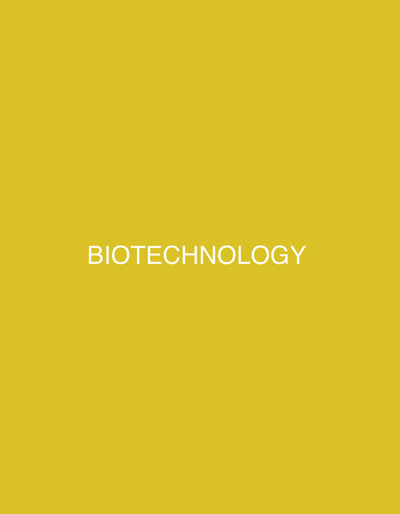 The image is a digitally rendered graphic with a solid, mustard-yellow background. Centered on the image, in large, white, sans-serif capital letters, is the word "BIOTECHNOLOGY". The text is clean and crisp, indicating a professional design. There are no people, objects, or scene elements depicted, nor is there any indication of a specific time of day, weather, or location. The graphic is purely typographic, focusing solely on the word itself as the subject.