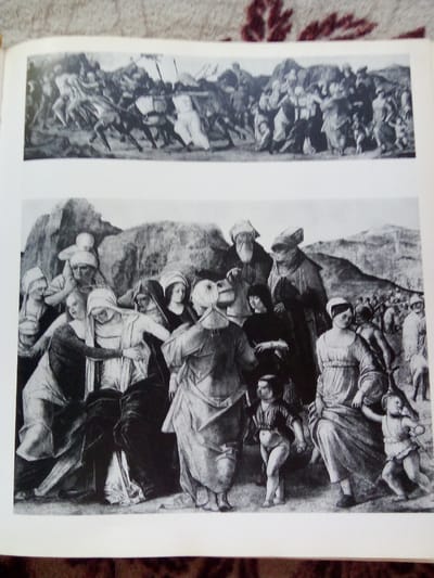 The image contains two black and white reproductions of paintings. The top painting depicts a chaotic scene with many figures on horseback, some engaged in combat or fleeing. The bottom painting shows a group of people, including adults and children, gathered outdoors. The people are dressed in historical clothing. The background of the bottom painting includes rocky terrain and a cloudy sky. The image is taken from a book, with the top edge of the pages and a textured brown surface visible at the top and bottom of the frame. There is no information in the image that would indicate a specific location in the city of Zhmerynka, Ukraine.