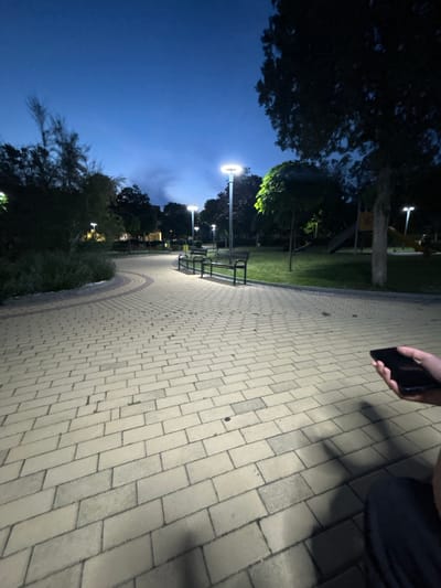 The image presents an outdoor park scene captured at twilight or night in Dzhebel, Bulgaria. The sky above is a deep blue, exhibiting faint cloud formations, particularly towards the right side. Multiple streetlights with bright, white illumination are active throughout the park, casting distinct light and shadow patterns.
In the foreground and midground, a wide, curving paved pathway is visible, constructed from light-colored rectangular pavers. A darker accent strip borders the inner curve of this path. Small patches of green vegetation, possibly weeds, are present between some of the pavers.
To the left of the path, a dense low bush and several trees with dark foliage are present. Further into the park, more trees line the path and surround grassy areas. Several dark-colored park benches are situated along the path's edge and within the grassy areas. In the right midground, a wooden playground structure, including a slide, is partially discernible amidst the trees.
In the lower right corner of the foreground, the right hand of an individual is visible, holding a dark-colored smartphone. The screen of the phone is facing away from the camera. The person appears to be wearing dark pants or shorts, and their shadow is cast onto the paved ground to their left.